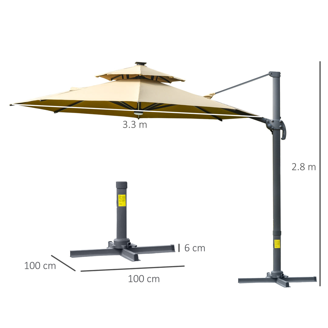 MCL 3m Cantilever Parasol w/ Solar Lights Power Bank Base 360° Spin Khaki