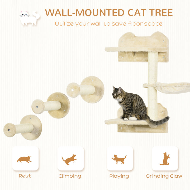 PawHut Feline Climbing Haven: Wall-Mounted Shelves with Hammock, Steps & Scratching Post, Beige | Aosom UK