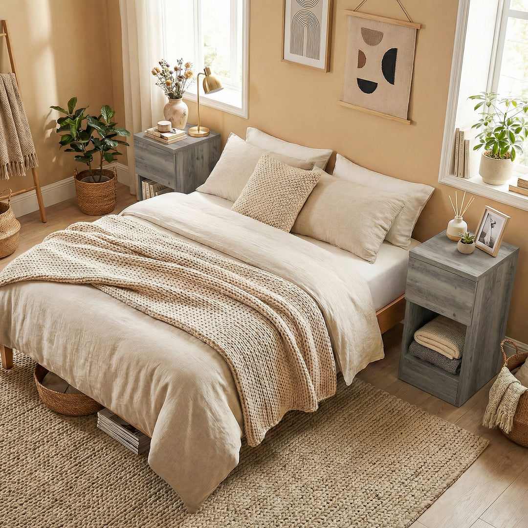 Set of Two Modern Storage Bedside Tables - Grey