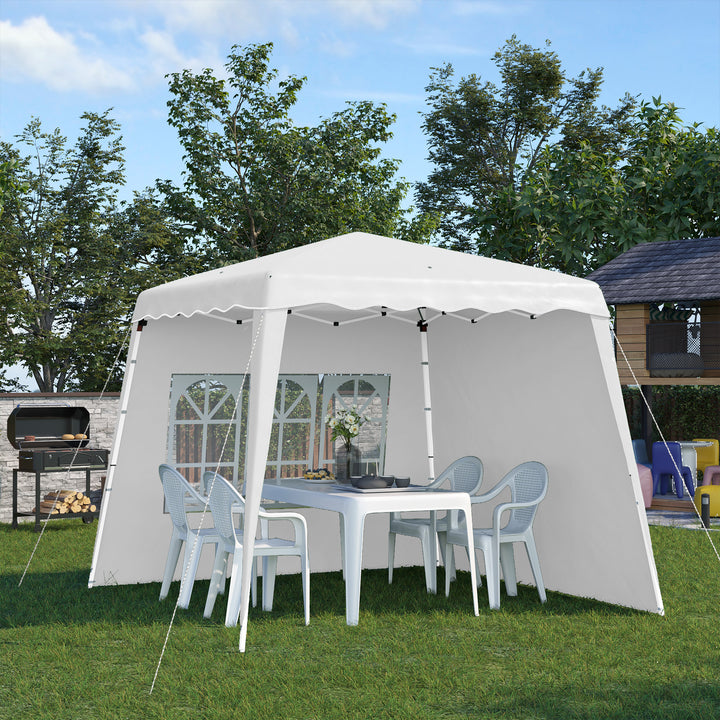 Outsunny 2.9 x 2.9m Pop Up Gazebo with 2 Sides, Slant Legs and Carry Bag, Height Adjustable UV50+ Party Tent Event Shelter for Garden, Patio, White