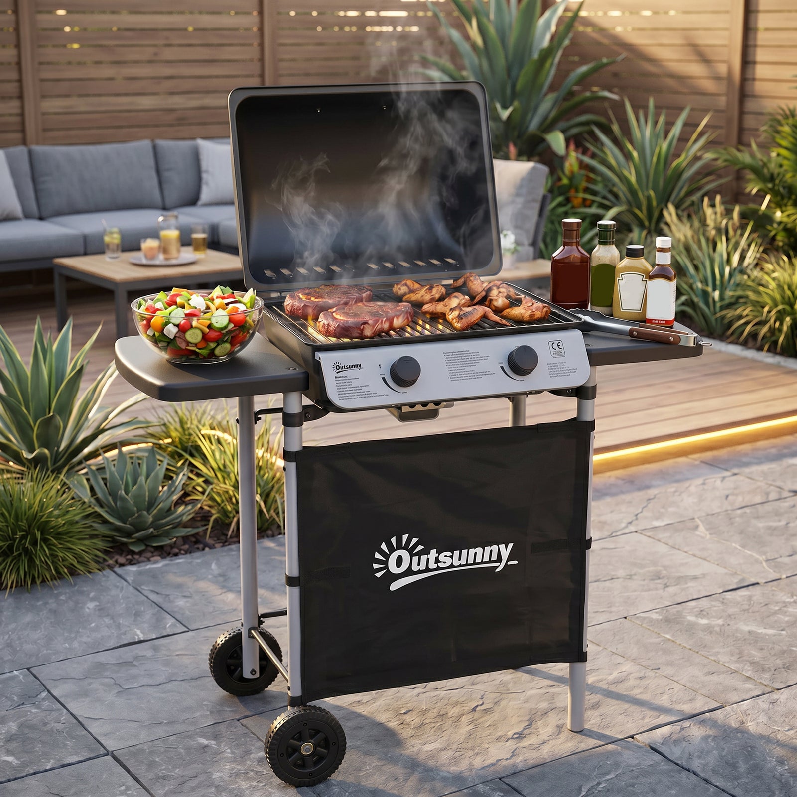 2 Burner Gas BBQ Trolley with Lid, 5.6 kW Gas Barbecue Grill with Whee