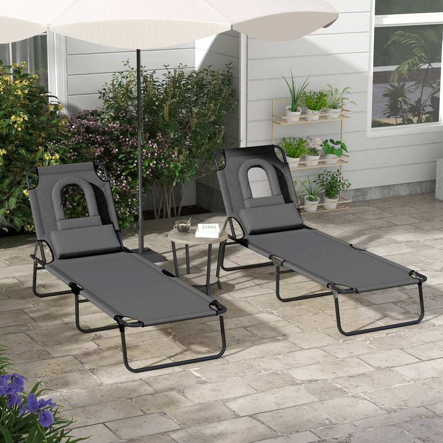 Outdoor Folding Sun Lounger Set of 2 with Face Hole, 4 Level Adjustable Backrest Reclining Garden Lounger, Garden Recliner Sunbed with 600 D Oxford Cloth Seat and Pillow for Beach, Dark Grey