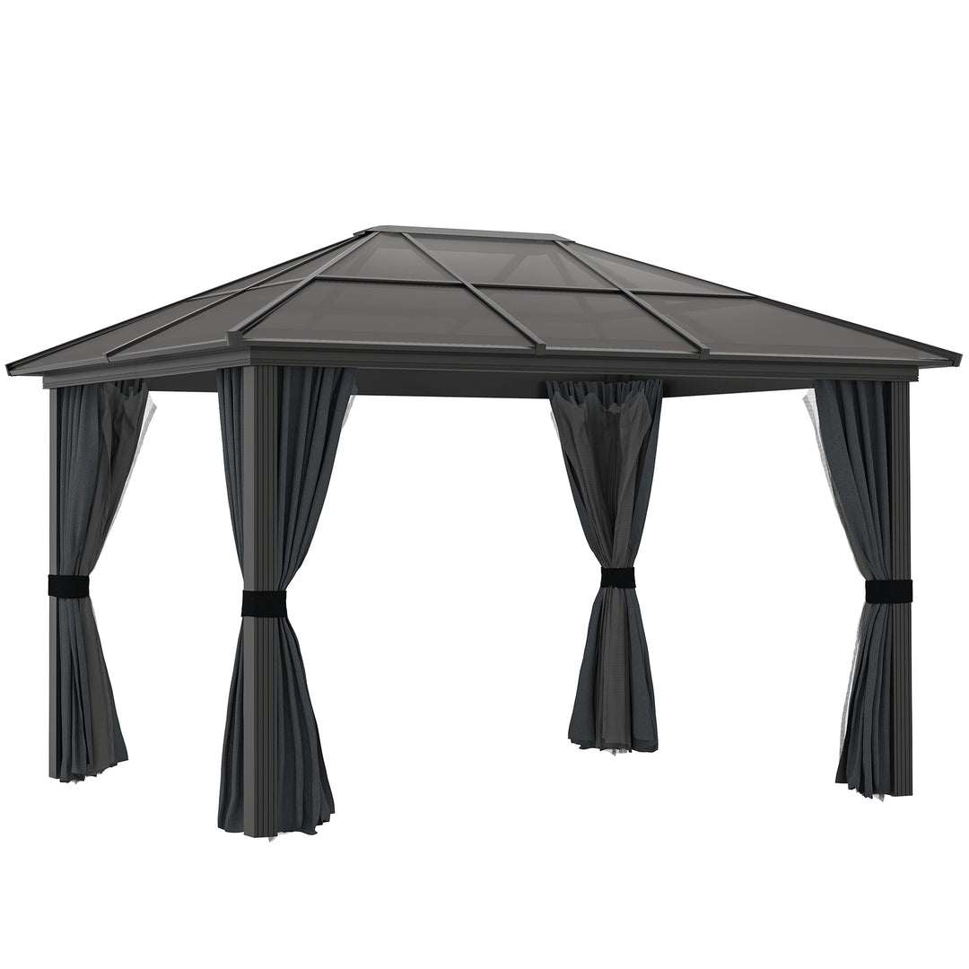 3 x 3.6m Hardtop Gazebo Canopy with Polycarbonate Roof, Aluminium Frame, Permanent Pavilion Garden Gazebo with Netting and Curtains for Patio, Deck, Dark Grey