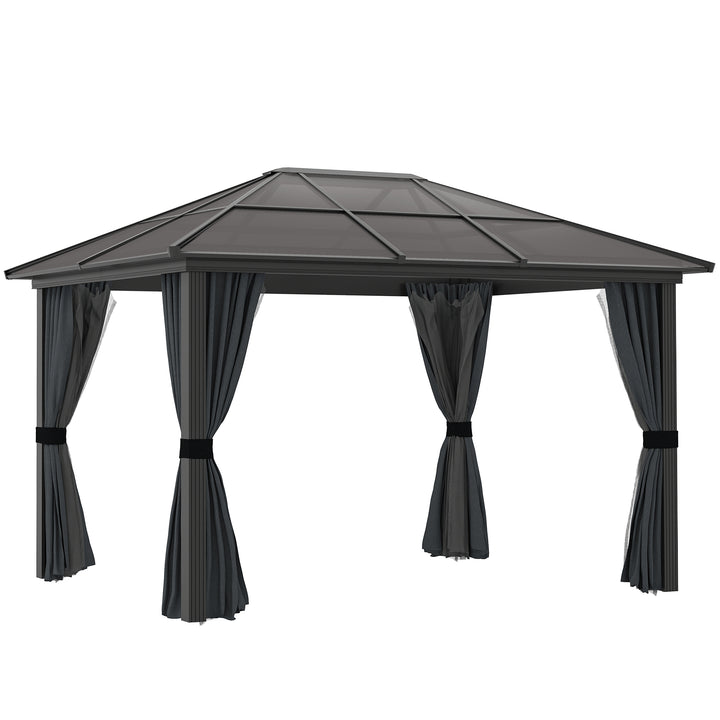 3 x 3.6m Hardtop Gazebo Canopy with Polycarbonate Roof, Aluminium Frame, Permanent Pavilion Garden Gazebo with Netting and Curtains for Patio, Deck, Dark Grey