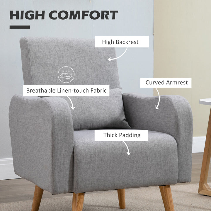 Accent Chair, Linen-Touch Armchair with Pillow, Upholstered Leisure Lounge Sofa for Living Room, Club Chair with Rubber Wooden Frame, Grey