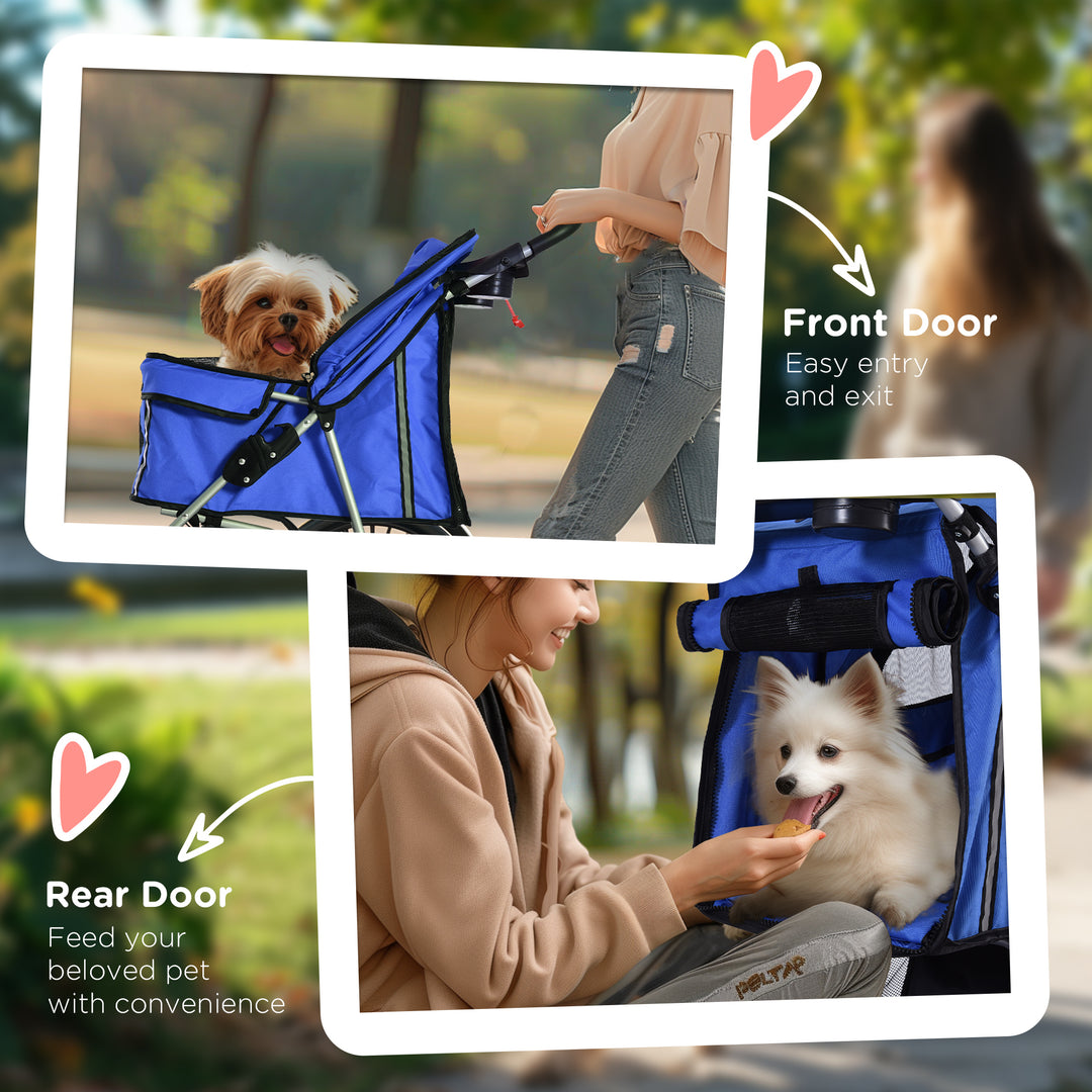 MCL Pet Stroller for Small Miniature Dogs Cats Foldable Travel Carriage with Wheels Zipper Entry Cup Holder Storage Basket Blue