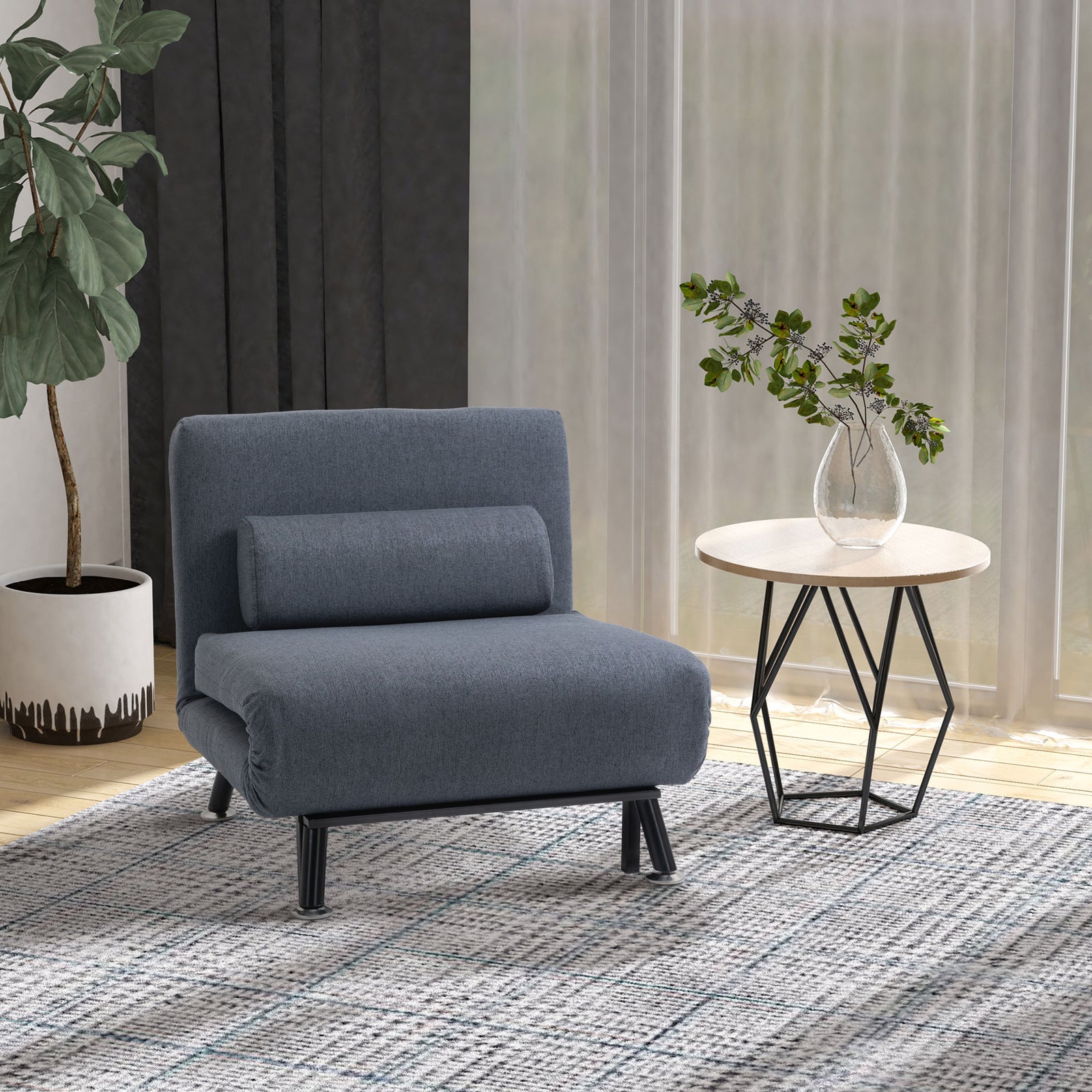 Linen Chair Bed, 3-in-1 Convertible Sleeper Chair with Adjustable Backrest, Pillow, for Living Room, Bedroom, Dark Grey