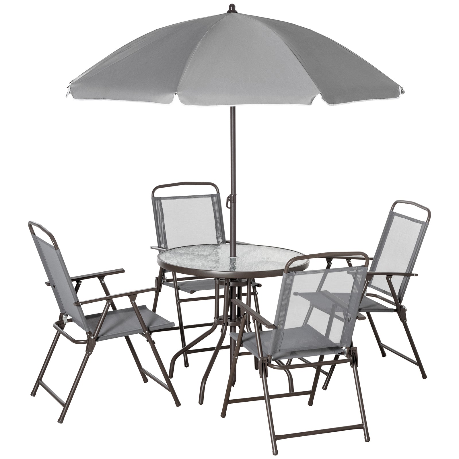 6 Piece Garden Dining Set with Umbrella, Outdoor Dining Sets with Parasol, 4 Folding Dining Chairs & Round Tempered Glass Table, Grey