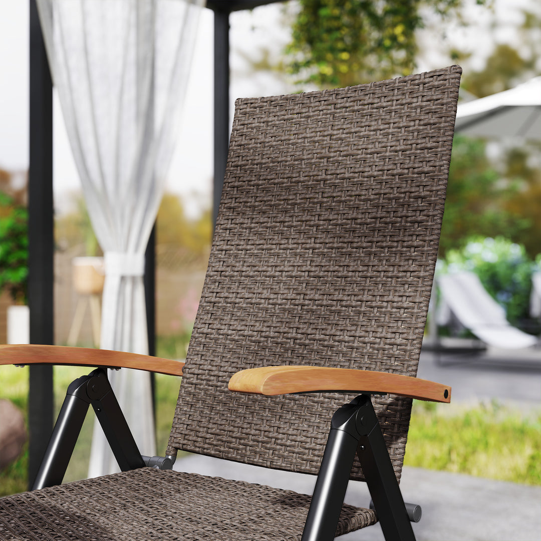 2 Pieces Folding Rattan Garden Dining Chairs with 5-level Reclining High Back, Wood Armrests for Outdoor - Brown