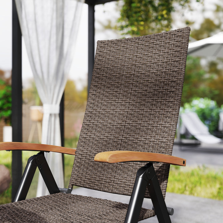 2 Pieces Folding Rattan Garden Dining Chairs with 5-level Reclining High Back, Wood Armrests for Outdoor - Brown