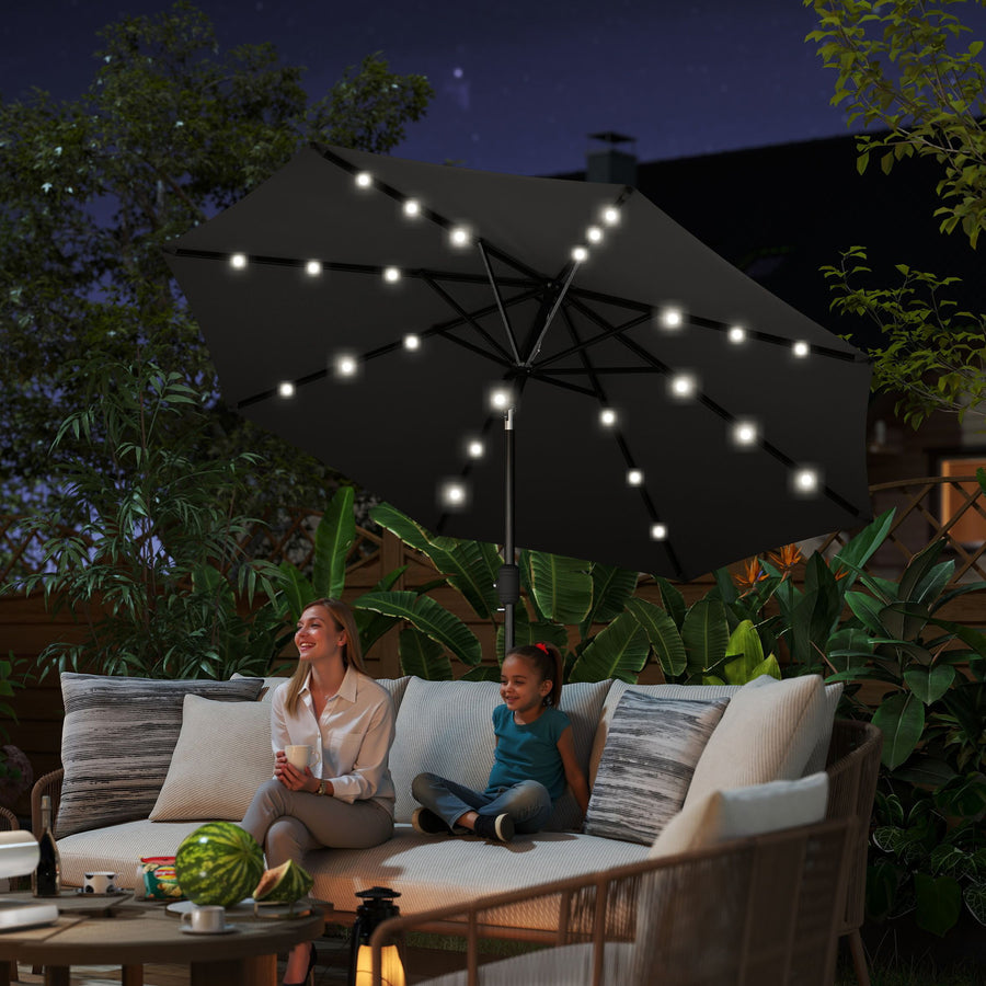 Φ2.7m Garden Parasol Solar Outdoor Tilt Sun Umbrella Patio Sun Shade w/ 24 LED Light, Hand Crank and 8 Ribs, Black