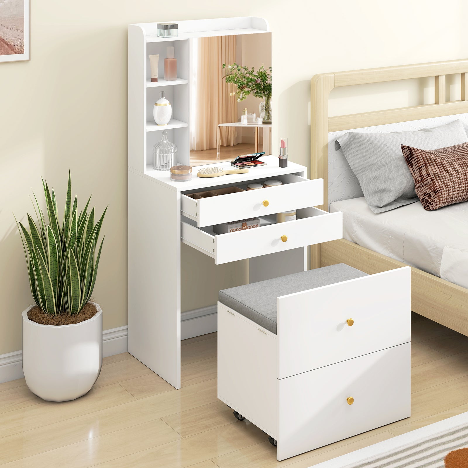 Dressing Table with Mirror and Mobile Storage Stool, Compact Vanity Ta
