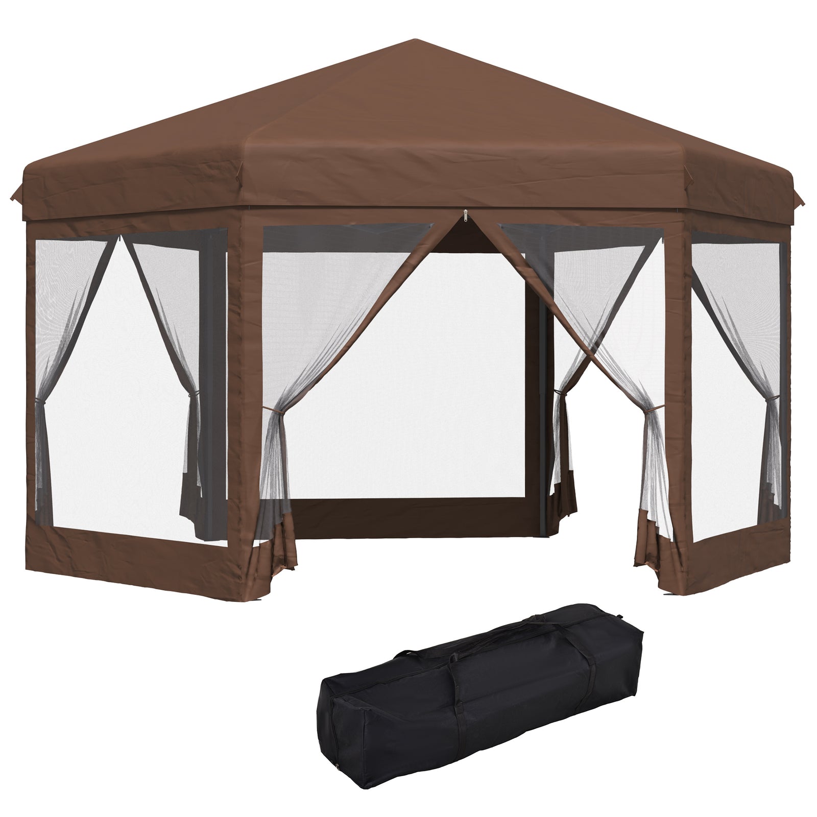 3.5m x 4m Hexagonal Pop Up Gazebo, Canopy Tent Sun Shelter for Patio Outdoor Party, Height Adjustable, with Mosquito Netting and Carry Bag - Brown
