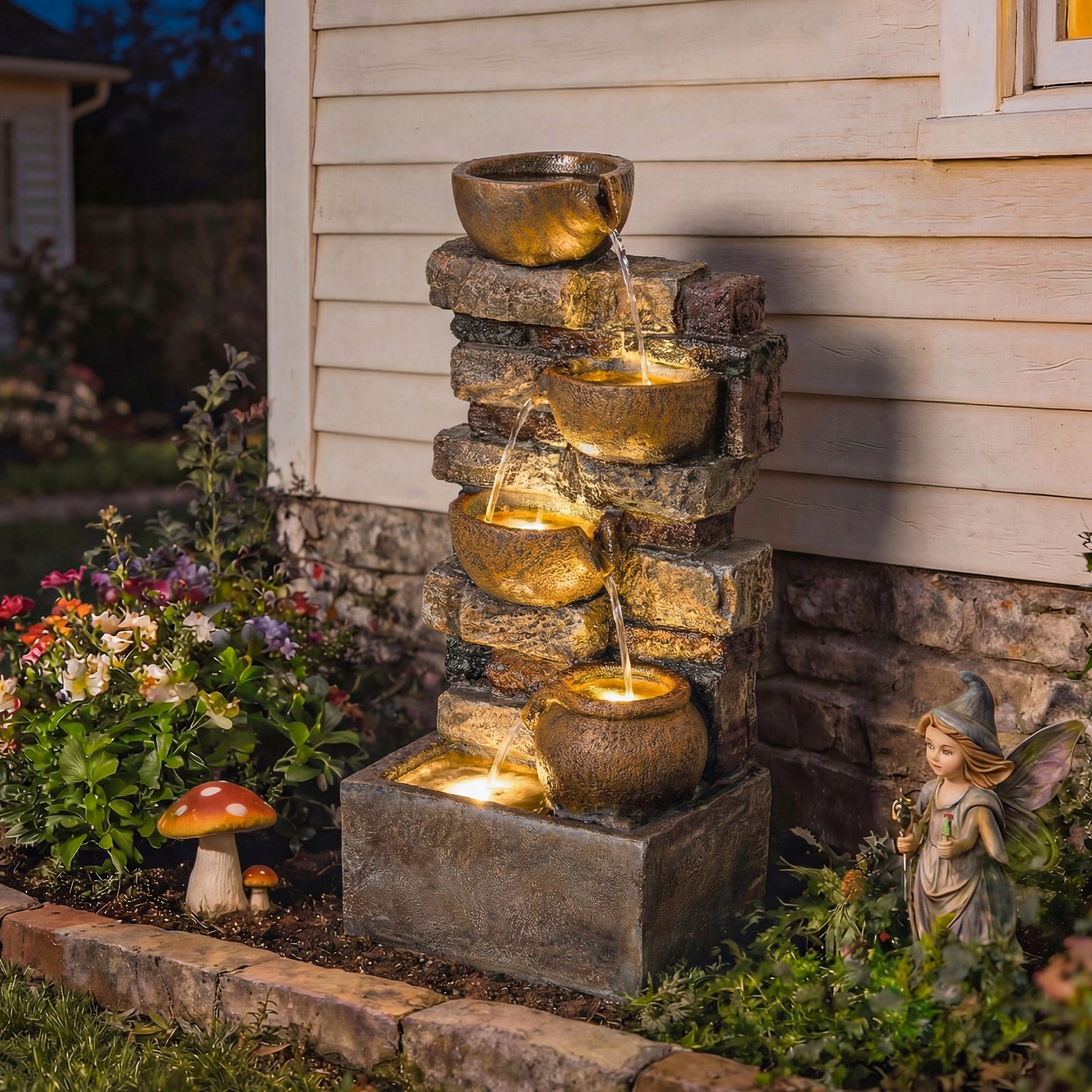 28" 5-Tier Outdoor Fountain, Cascading Waterfall Feature with LED Ligh