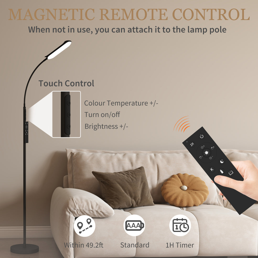 LED Floor Lamp, Standing Lamp with Remote & Touch Control, Stepless Dimmable Colours Temperature & Brightness, 360° Adjustable Gooseneck, 1 Hour Timer, Memory Function for Living Room, Black
