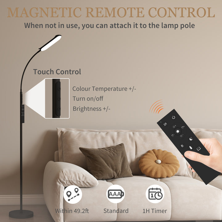 LED Floor Lamp, Standing Lamp with Remote & Touch Control, Stepless Dimmable Colours Temperature & Brightness, 360° Adjustable Gooseneck, 1 Hour Timer, Memory Function for Living Room, Black