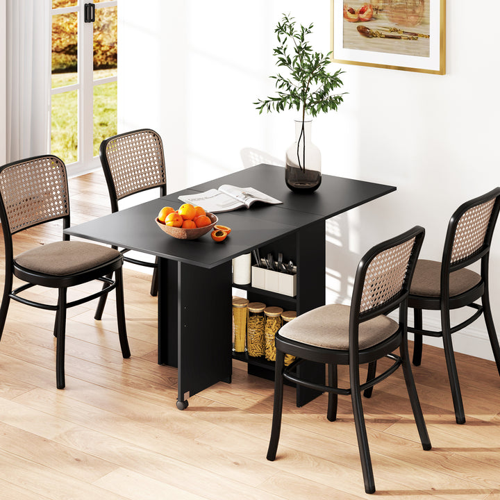MCL Foldable Dining Table, Extendable Drop Leaf Table with 2-tier Shelves, Small Dinner Table with Rolling Casters