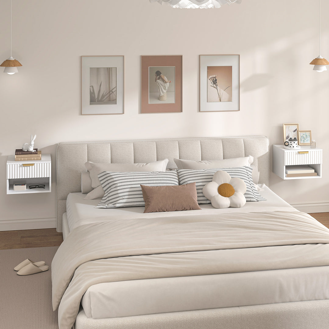 MCL Floating Nightstands Set of 2, Modern Wall Mounted Bedside Tables with Fluted Drawer and Open Shelf for Bedroom, White