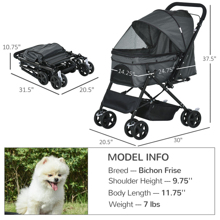 PawHut Foldable Pet Stroller, Dog Jogger with Reversible Handle, EVA Wheel, Brake, Basket, Adjustable Canopy, Safety Leash, Grey | Aosom UK