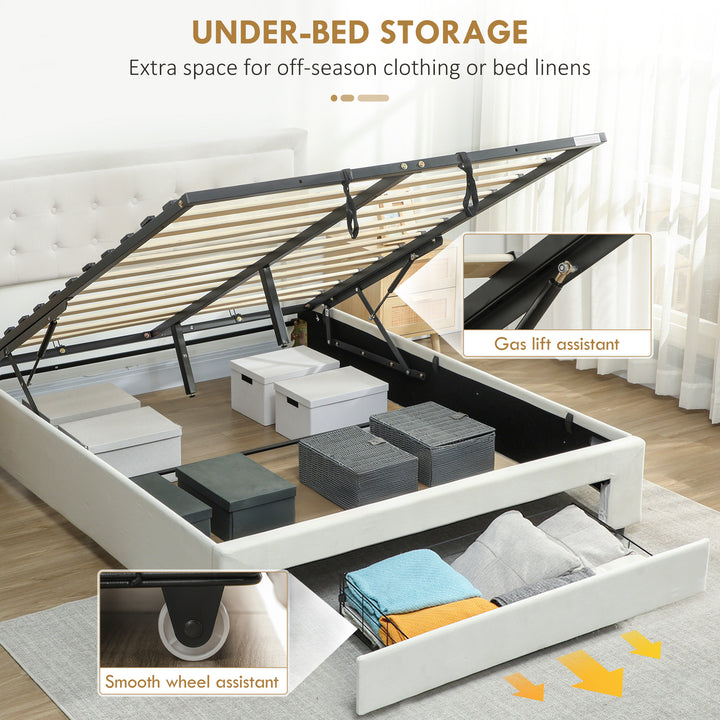 4ft6 Double Ottoman Bed Frame, with Front Drawer - Cream