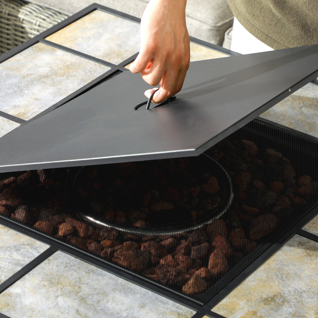 Square Outdoor PE Rattan Fire Pit Table Gas Burner Heater w/ Control Panel, Slate Top, Lid and Lava Rocks, 50,000 BTU