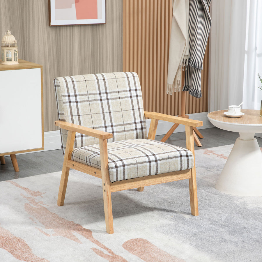 Modern One Seater Sofa for Living Room, Linen Fabric Small Couch with Rubber Wood Frame, Armrests, Lattice Pattern, Upholstered Armchair, Beige