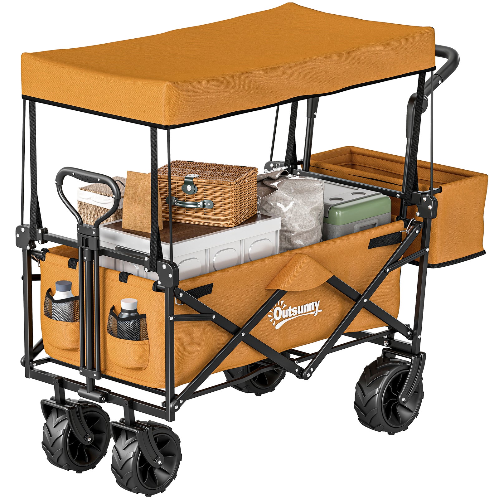 120L Festival Trolley on Wheels, Folding Camping Trolley Cart with Removable Canopy, All-Terrain Wheels, Adjustable Handle, Push or Pull for Garden Beach Fishing Shopping, Orange