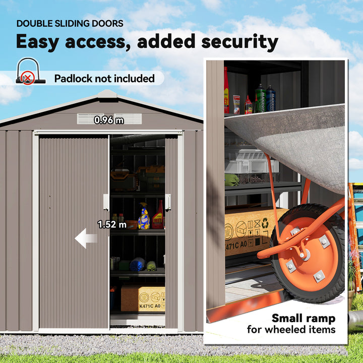 7ft x 4ft Lockable Garden Metal Storage Shed Storage Roofed Tool Metal Shed w/ Air Vents Steel Grey
