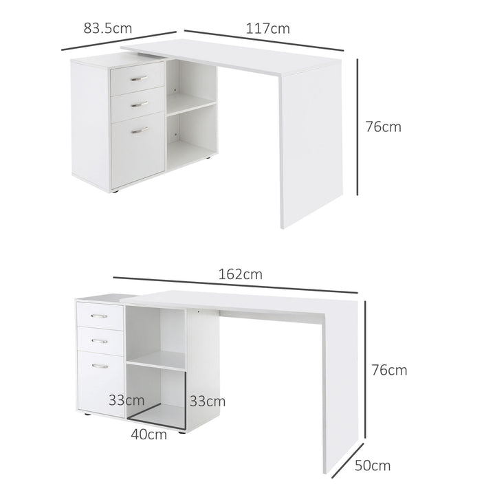 MCL L Shaped Computer Desk, Reversible Home Office Desk with Drawers, File Cabinet and Storage Shelves, Study Table, 117 x 83.5 x 76cm, White
