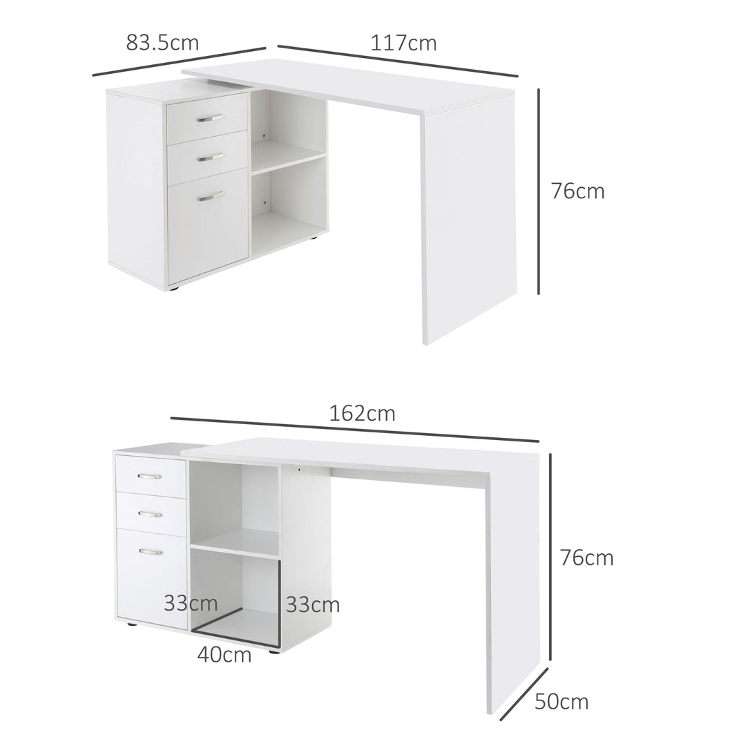 L Shaped Computer Desk, Reversible Home Office Desk with Drawers, File Cabinet and Storage Shelves, Study Table, 117 x 83.5 x 76cm, White