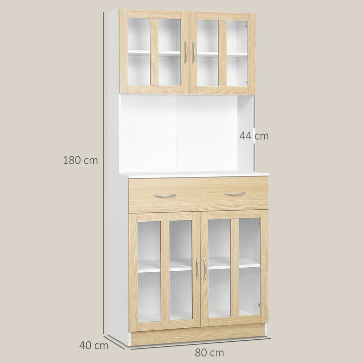 MCL Modern Kitchen Cupboard, Freestanding Storage Cabinet Hutch with Central Drawer, 2 Glass Door Cabinets and Countertop, 180cm