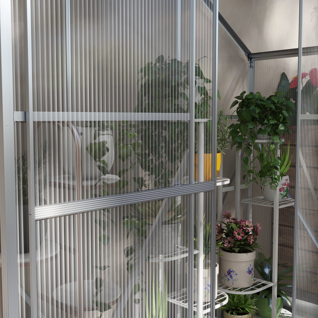 6 x 2.5ft Polycarbonate Greenhouse Walk-In Green House with Rain Gutter, Sliding Door, Window, Foundation, Silver