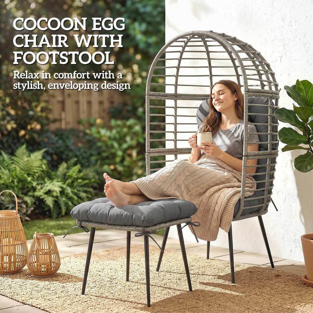 Garden Egg Chair with Footstool, Rattan Indoor Outdoor Lounge Chair an