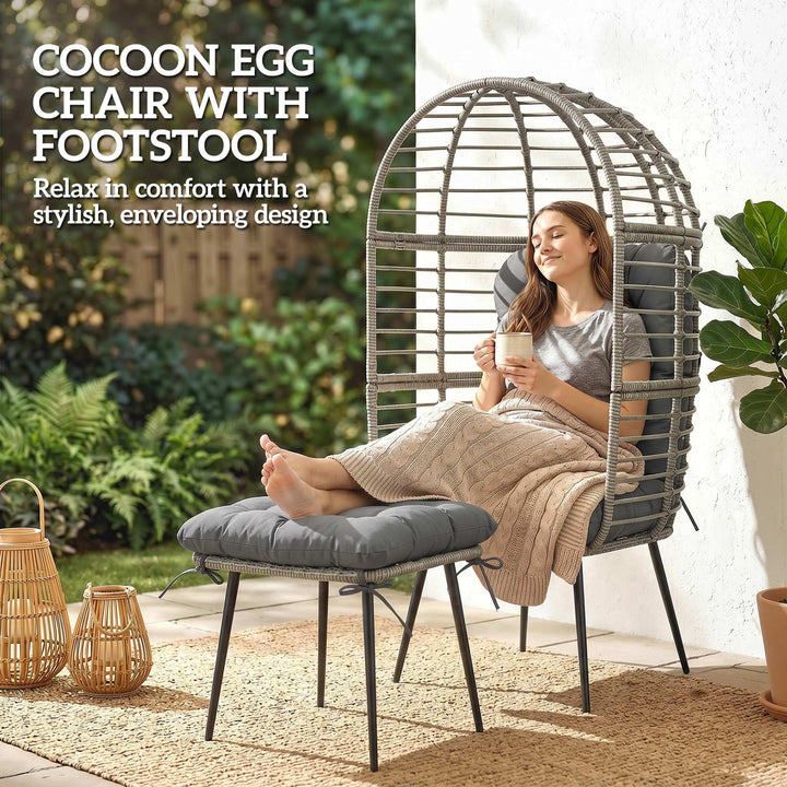 Garden Egg Chair with Footstool, Rattan Indoor Outdoor Lounge Chair an