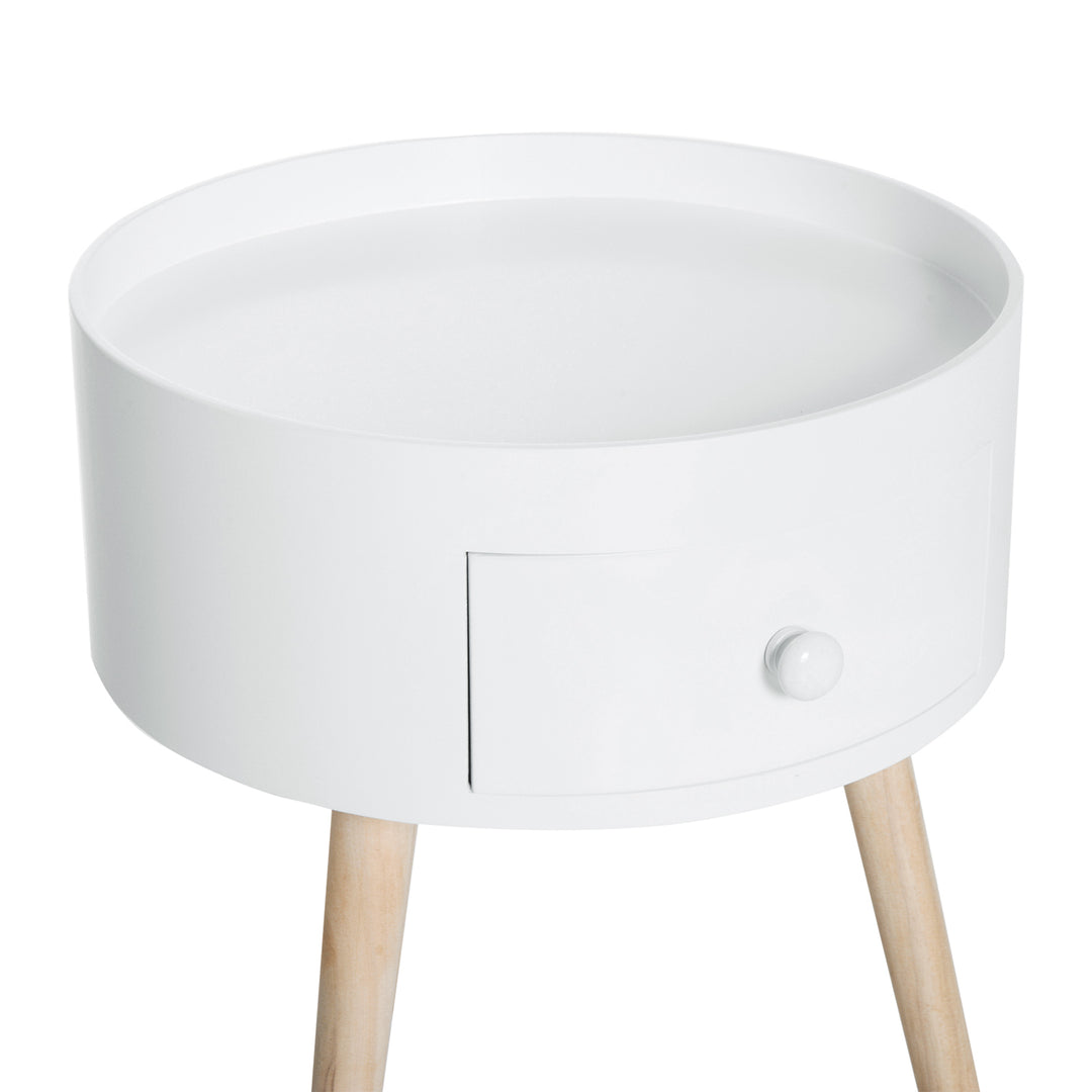 Modern Side Table, Small Coffee Table, Round Bedside Table with Drawer and Wood Legs for Living Room, Bedroom, White