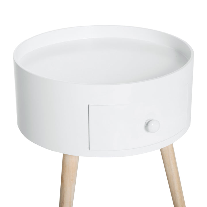 Modern Side Table, Small Coffee Table, Round Bedside Table with Drawer and Wood Legs for Living Room, Bedroom, White