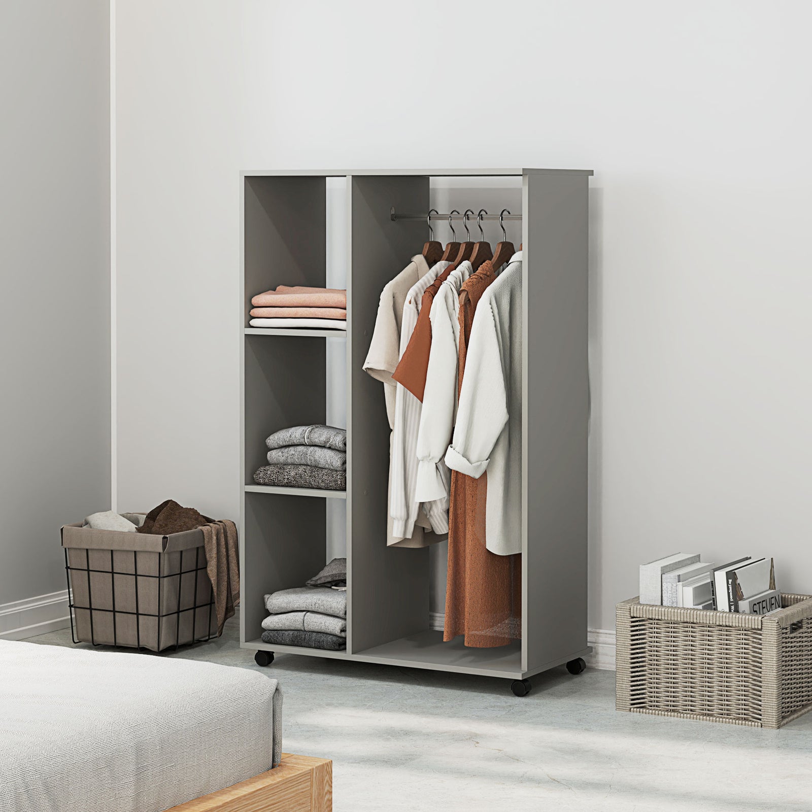 Open Wardrobe on Wheels, Bedroom Wardrobe with Clothes Hanging Rail, 3 Storage Shelves, Mobile Garment Rack for Cloakroom, Hallway, Grey