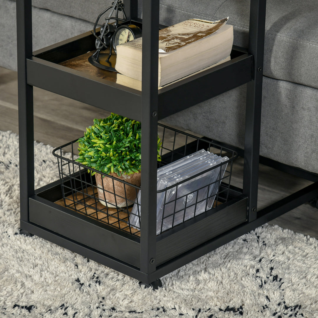 Industrial Mobile Sofa Side Table C-Shaped Rolling Couch Table with 3-Tier Storage Shelving Four Lockable Wheels Steel Frame - Brown