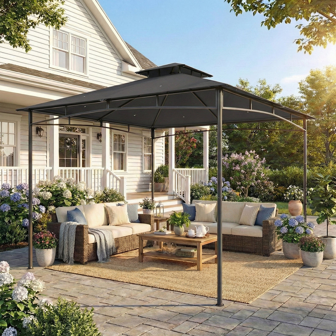 3 x 3 m Gazebo, Garden Gazebo with 2-Tier Roof, Metal Frame, Dark Grey