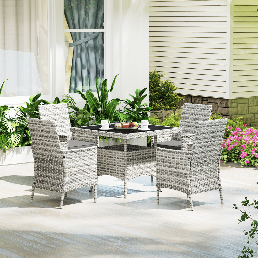 Rattan Garden Furniture Set, Outdoor Dining Table and Chairs 4 Seater with Cushions, Square Tempered Glass Top, 4 Armchairs, for Balcony, Terrace, Conservatory, Mixed-Grey