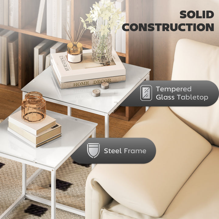 Nest of Tables, Set of 2 Coffee Table, Side Tables with Tempered Glass Desktop and Metal Frame for Living Room, Bedroom, Office, White
