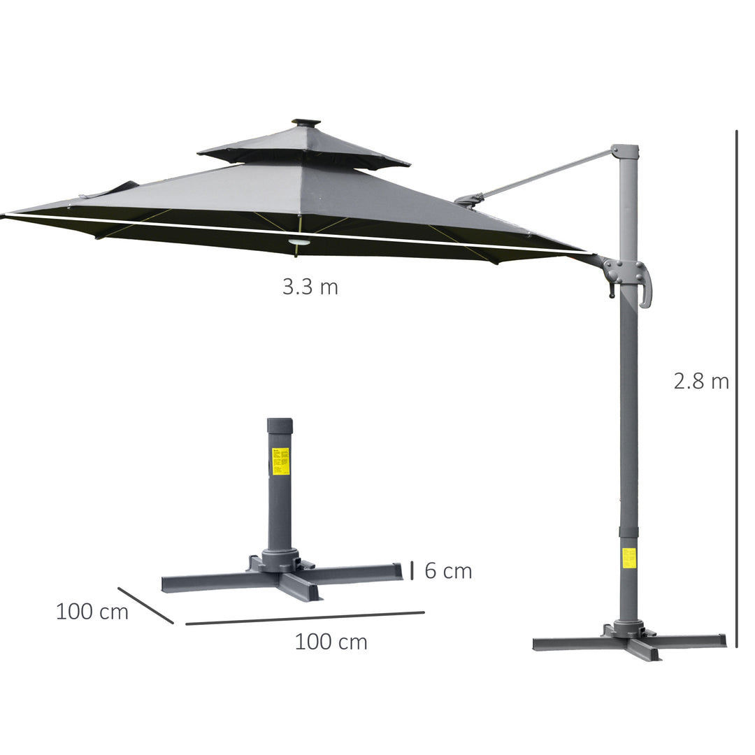 MCL 3m Cantilever Parasol w/ Solar Lights Power Bank Base 360° Spin Dark Grey
