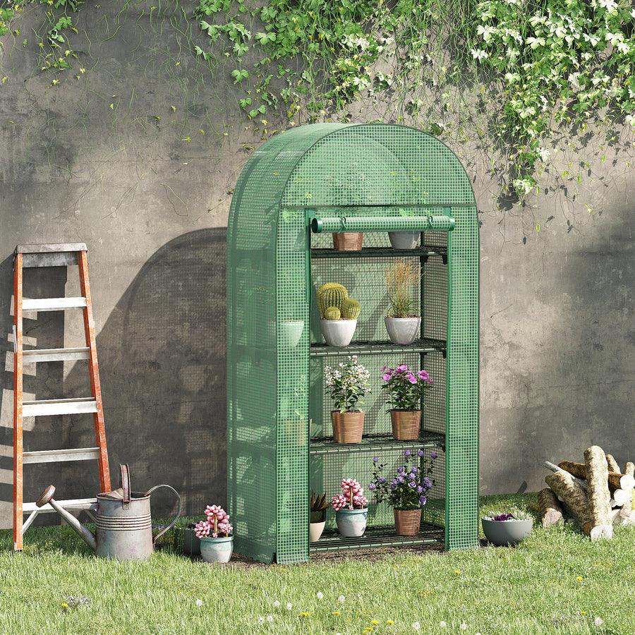 4 Tier Mini Greenhouse for Outdoor, Portable Gardening Plant Green House with Storage Shelf, Roll-Up Zipped Door, Metal Frame and PE Cover, 80 x 49 x 160cm, Green