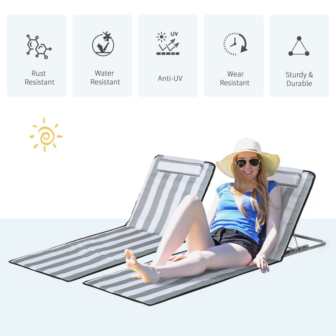 Set of 2 Foldable Garden Beach Chair Mat Lightweight Outdoor Sun Lounger Seats Adjustable Back Metal Frame PE Fabric Head Pillow w/ Carry Bag, Light Grey