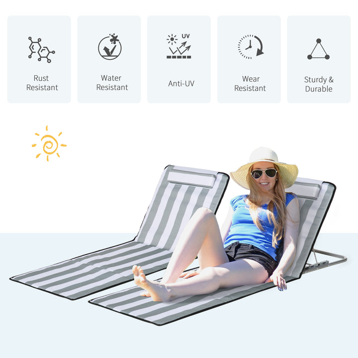 Set of 2 Foldable Garden Beach Chair Mat Lightweight Outdoor Sun Lounger Seats Adjustable Back Metal Frame PE Fabric Head Pillow w/ Carry Bag, Light Grey
