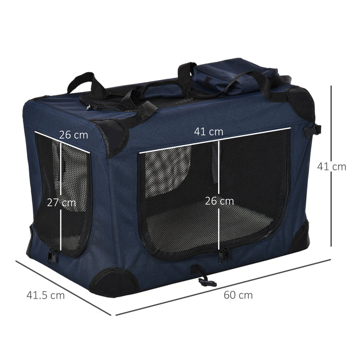 Foldable Pet Carrier for Small and Miniature Dogs, Portable Cat Carrier Soft Side Pet Travel Crate with Removable Mat, Storage Bags, Breathable Mesh 60 x 41.5 x 41cm - Dark Blue