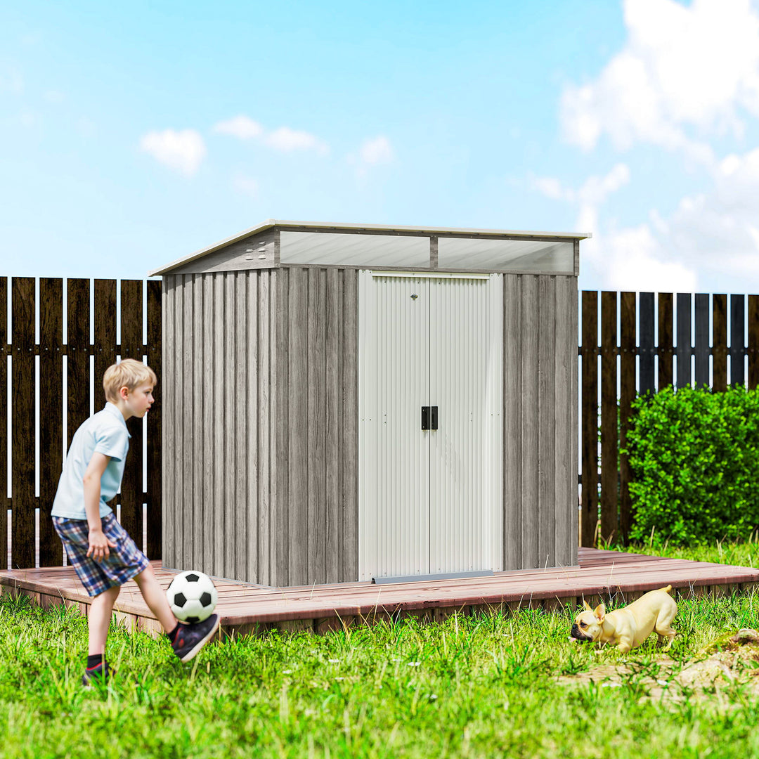 6.5 x 4FT Galvanised Metal Shed with Foundation Kit, Lockable Tool Garden Shed with Double Sliding Doors, Vents, Light Grey Wood Effect