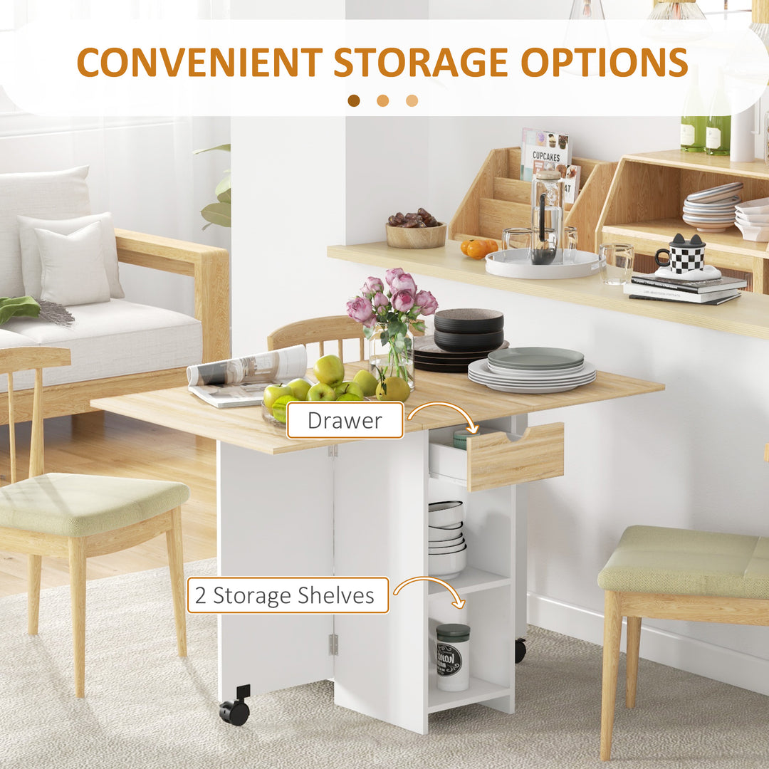 Folding Dining Table, Drop Leaf Table for Small Spaces, Foldable Table with Drawer and Storage Shelves for Kitchen, Dining Room, Oak