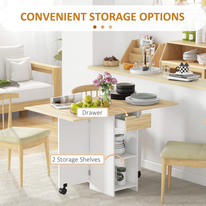Folding Dining Table, Drop Leaf Table for Small Spaces, Foldable Table with Drawer and Storage Shelves for Kitchen, Dining Room, Oak