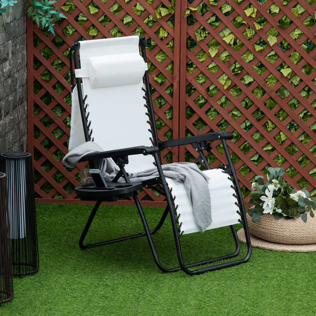 Outsunny Zero Gravity Garden Deck Folding Chair Patio Sun Lounger Reclining Seat with Cup Holder & Canopy Shade - White | Aosom UK